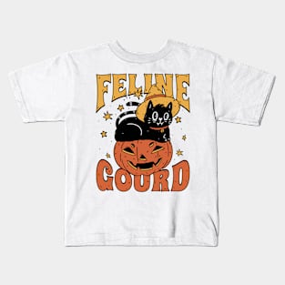 Feline Gourd Funny Halloween Pun Pumpkin Cat Kids T-Shirt